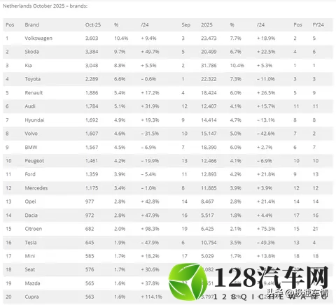 十月，荷兰车市销量34,724辆，大众站稳第一，比亚迪逼近前二十！-1